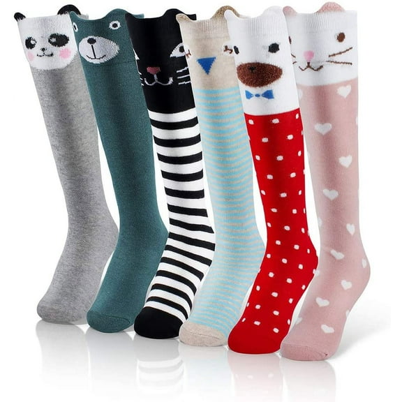 6 pairs Girls Cute Knee High Socks Cartoon Animal Cotton Stocking
