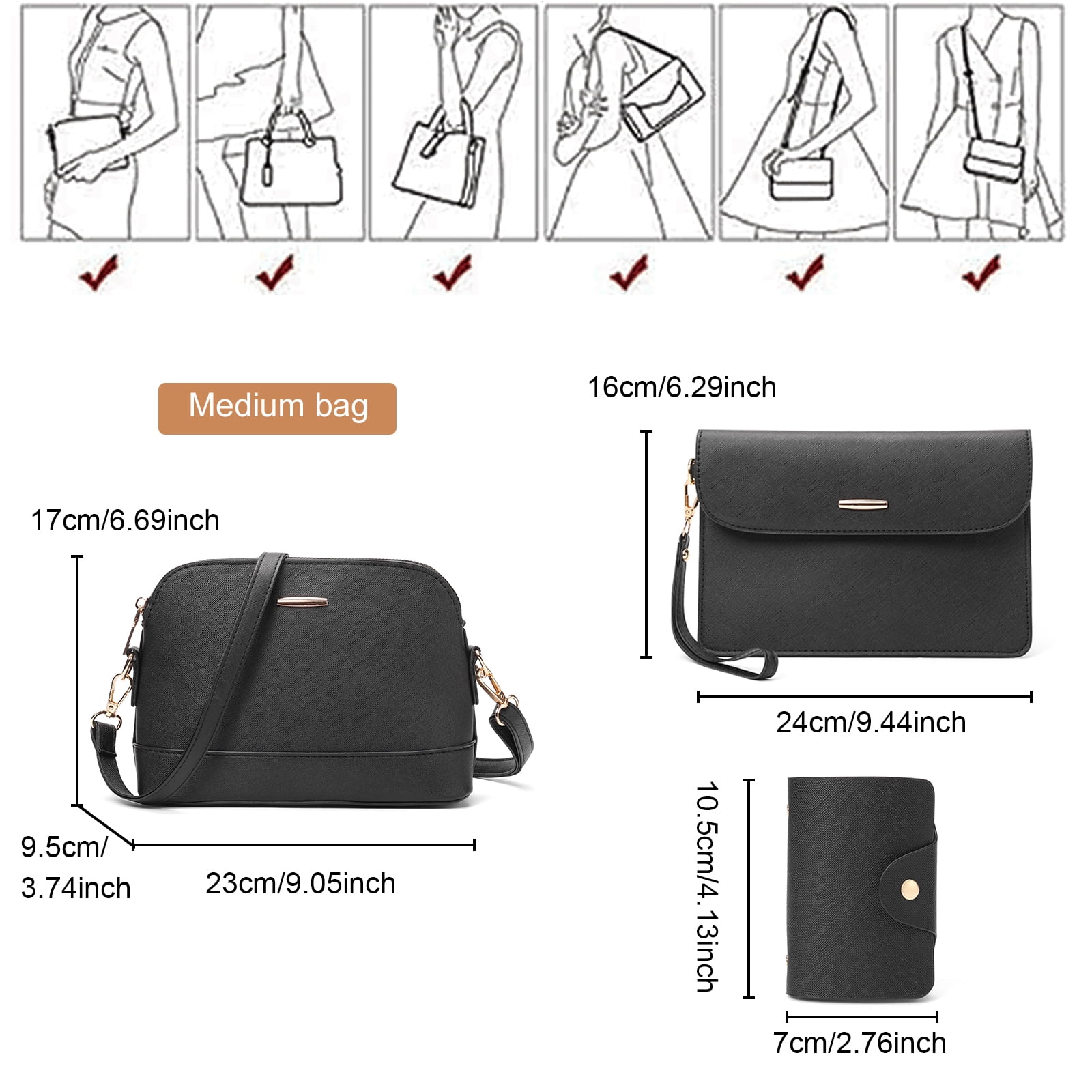 Sendefn Women's 95% Leather Zipper Shoulder Bags, Black, 4-Piece