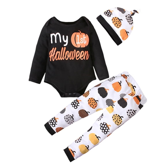 Fesfesfes Baby Bodysuit Toddler Kids Halloween Solid Color Printed Romper Printed Trousers Hat Suit Infant Onesie