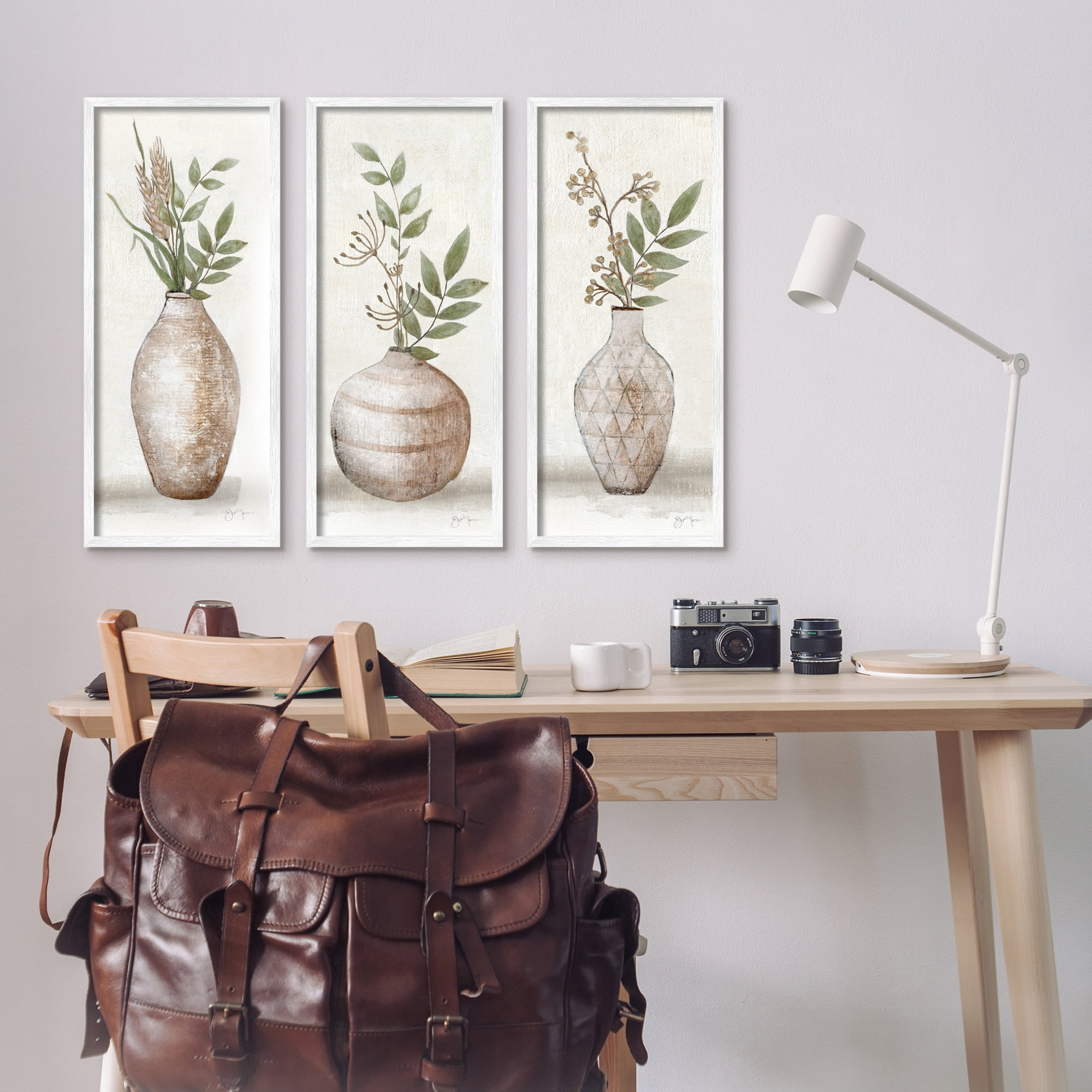 Stupell Industries Botanical Still Life Vase Ikebana Blossoms Arrangement Graphic Art White Framed Art Print Wall Art, Set of 3, Design by Janet Tava