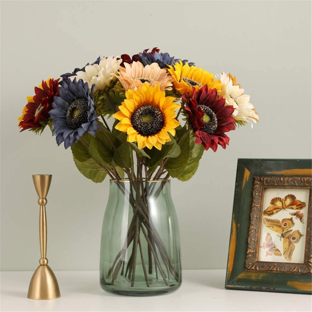 White Sunflowers Artificial Flowers 7 Pcs Faux Silk Sunflowers Bouquet Fake Real Touch Long Stems Floral for Wedding Party Centerpieces Home Decoration(Autumn White)