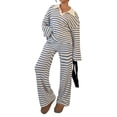 thumbnail image 2 of Women'S Striped 2 Piece Lounge Set Casual Long Sleeve T-Shirt Wide Leg Pants Matching Outfits Set Blue M, 2 of 9