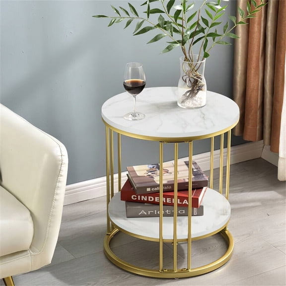 Wisfor Sintered Stone 2 Tier Sofa Side Table Round Coffee Table Nightstand for Living Room Bedroom