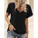 thumbnail image 5 of Camiseta informal holgada de Color puro con cuello en V y manga con volantes para mujer, color negro, 2XL, 5 of 8
