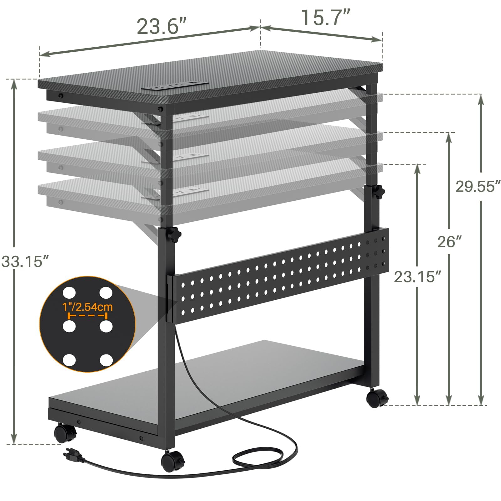 Homieasy 4 Levels Height Adjustable Computer Tower Stand with Power Strips - Mobile Under-Desk CPU Holder with Wheels, 24" Carbon Fiber,Carbon Fiber Black