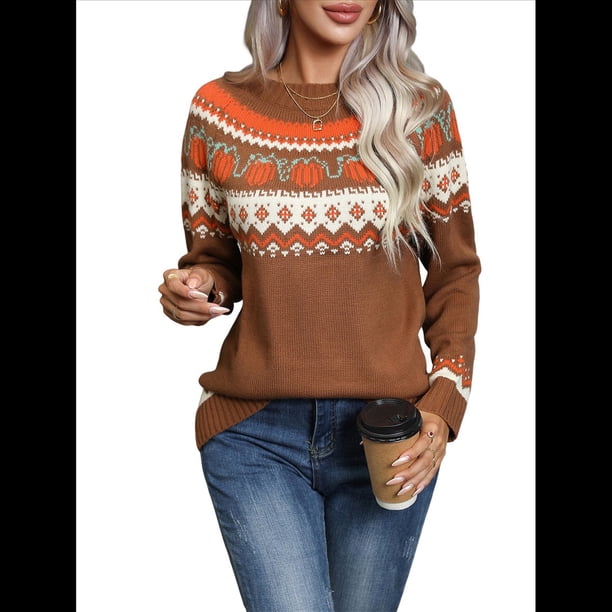 Suéter de Punto de Otoño y Halloween para Mujer, Ideal para Vacaciones de Invierno, Navidad y Navidad Camello M
