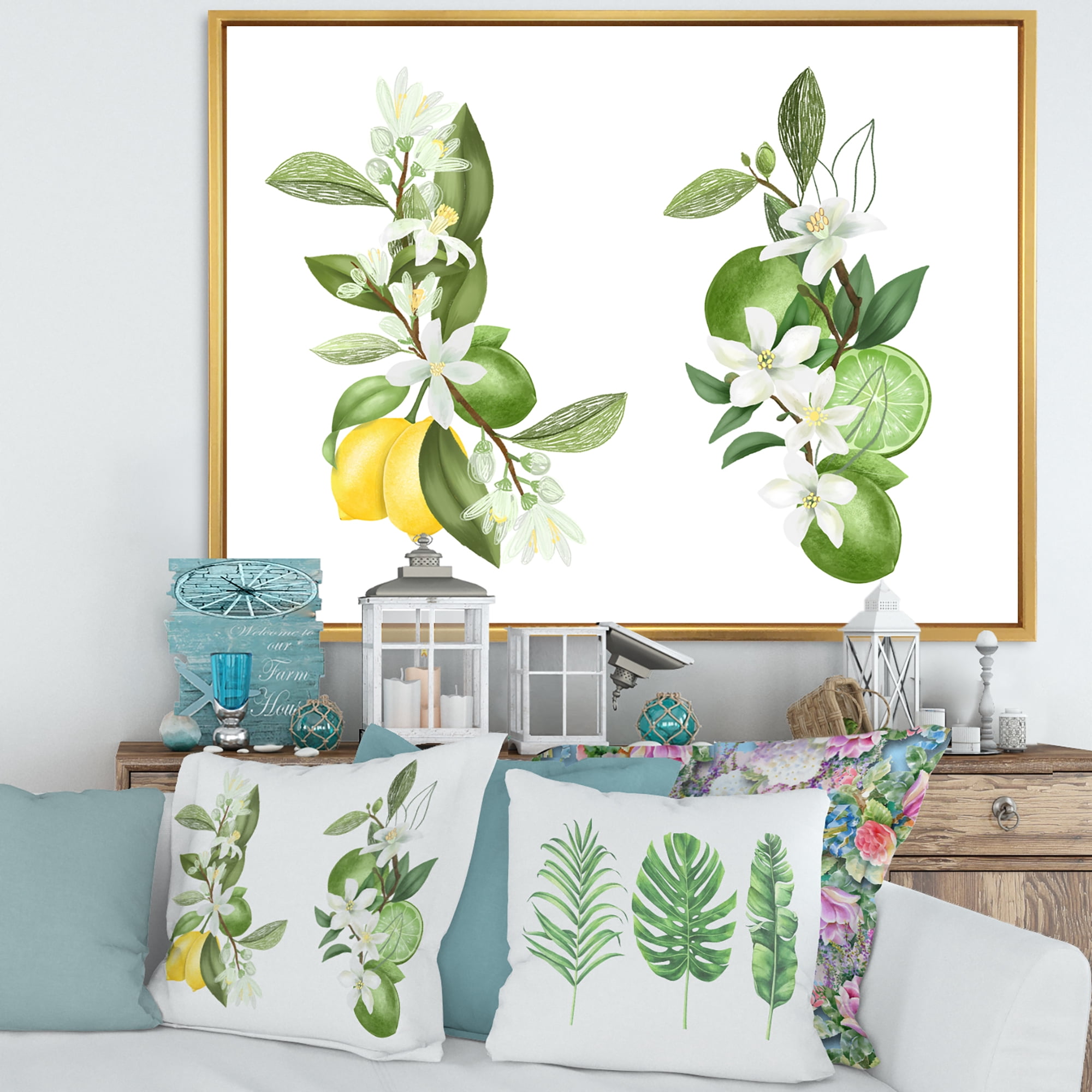 Designart 'Bouquets Of Blooming Lemon Tree Branches on White' Traditional Framed Canvas Wall Art Print