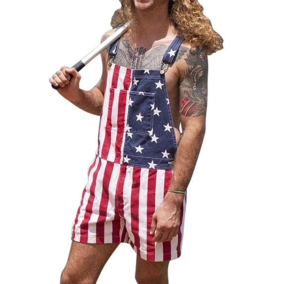 MYLookk Men Casual American Flag Print Bibs Overalls Dungarees Denim Jumpsuit Shorts