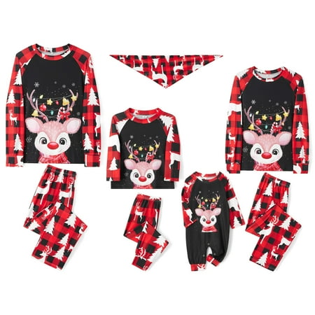 

Arvbitana Christmas Family Matching Pajamas Set Long Sleeve Elk Print Pullover Tops + Elastic Waist Pants Sleepwear Suit Holiday Nightwear for Couples Kids Baby Dog