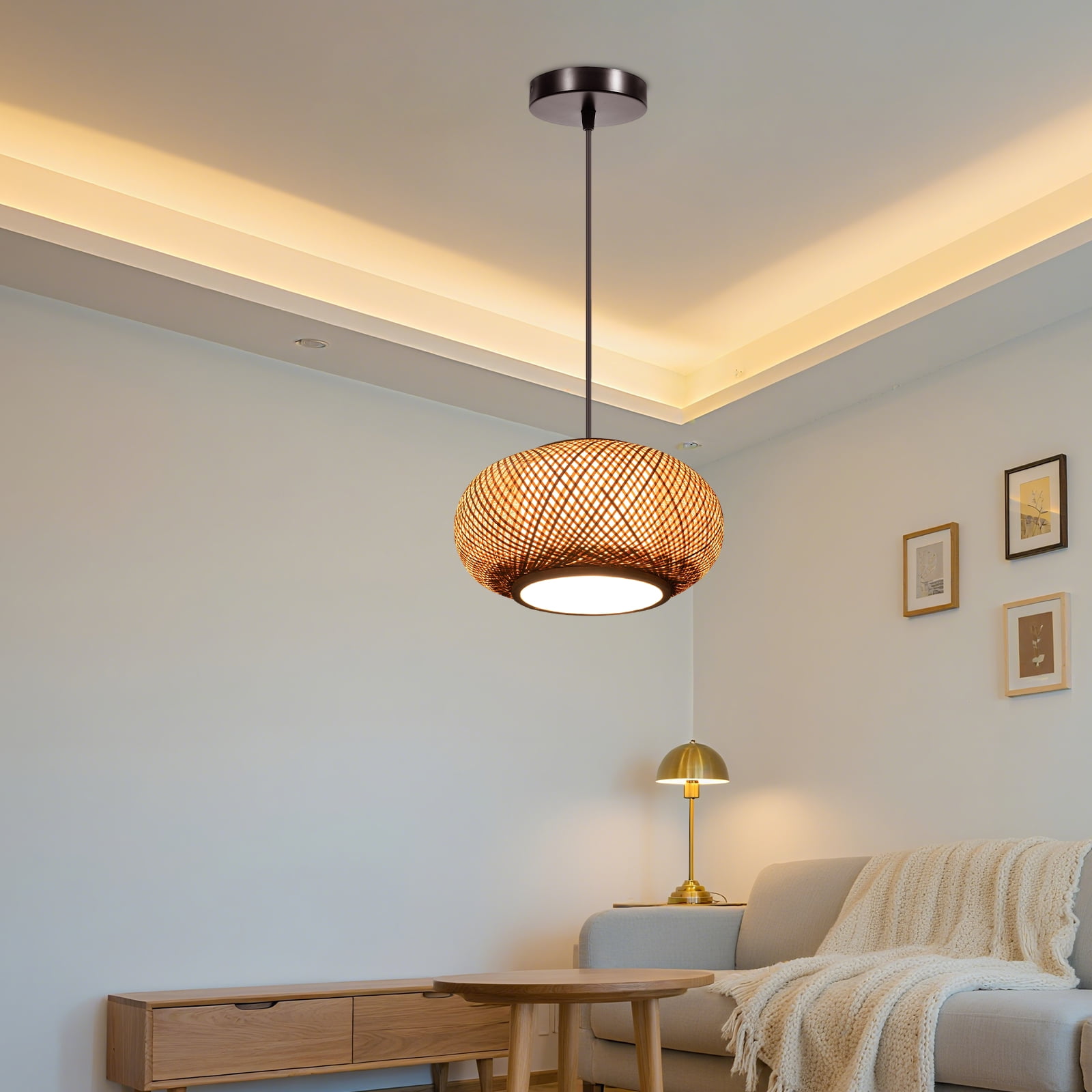 Bamboo Pendant Light Rattan Light Fixture Ceiling, Hand Woven Rattan Domed Shape Woven Light Boho Chandelier with Adjustable Cord for Bedroom Living Room Study Room 16inch