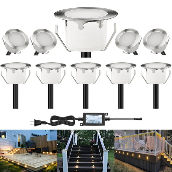 CHNXU LED Outdoor Deck Lights Kits, ?1.77in Warm White 10 Pack Silver, Low Voltage 12V DC IP67 Waterproof, Electric Wired Recessed Exterior Stair Step Riser Landscape Lighting for Outside Floor Yard