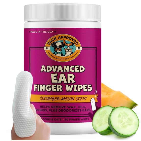 Advanced Pet Ear Finger Wipes for Dogs & Cats, Non-Irritating Ear Cleaner, Reduces Wax, Debris & Odor, Cucumber Melon Scent, 50ct