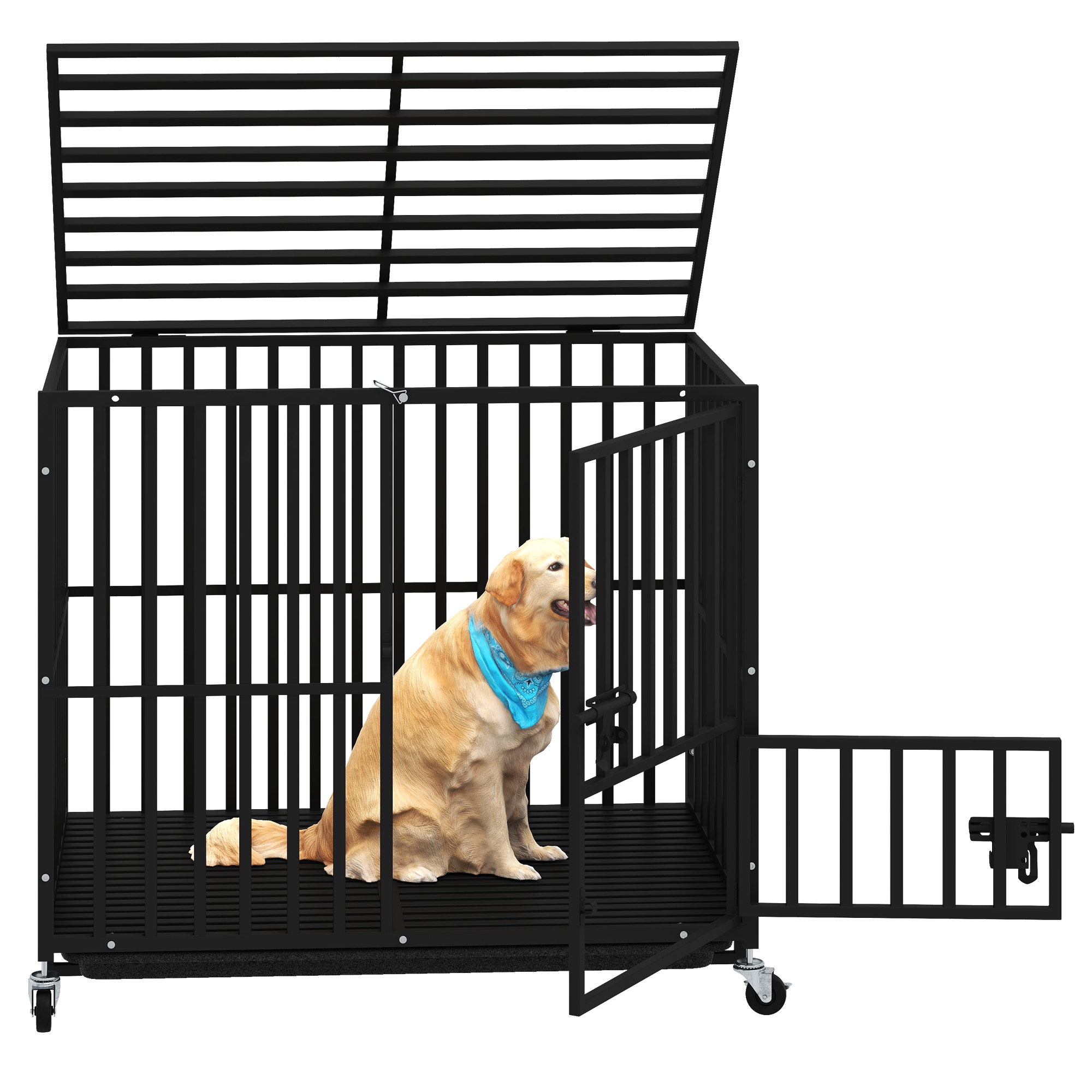 Uforic 37-Inch Heavy Duty Dog Crate with Lockable Wheels, Escape Proof Dog Cage Kennel with Removable Tray - Black