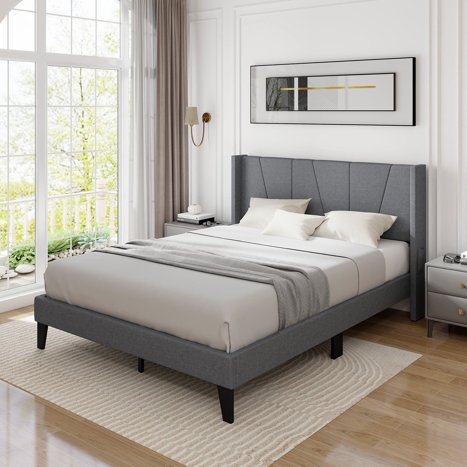 Infans Queen Size Upholstered Bed Frame with Elastic Pockets Mattress Foundation Gray