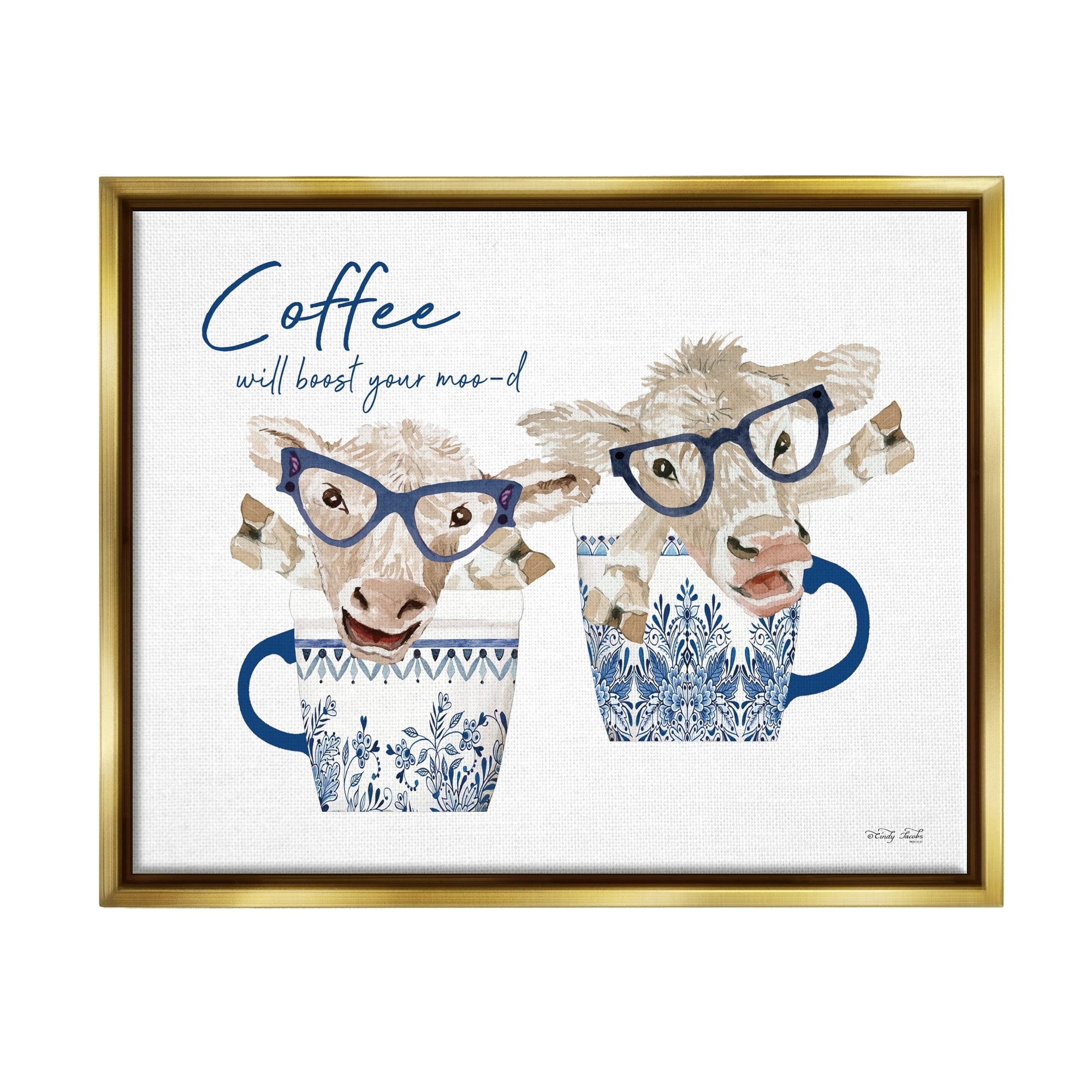 Stupell Industries Boost Your Moo-d Humorous Farmhouse Cow Coffee Mugs Graphic Art Metallic Gold Floating Framed Canvas Print Wall Art, Design by Cindy Jacobs