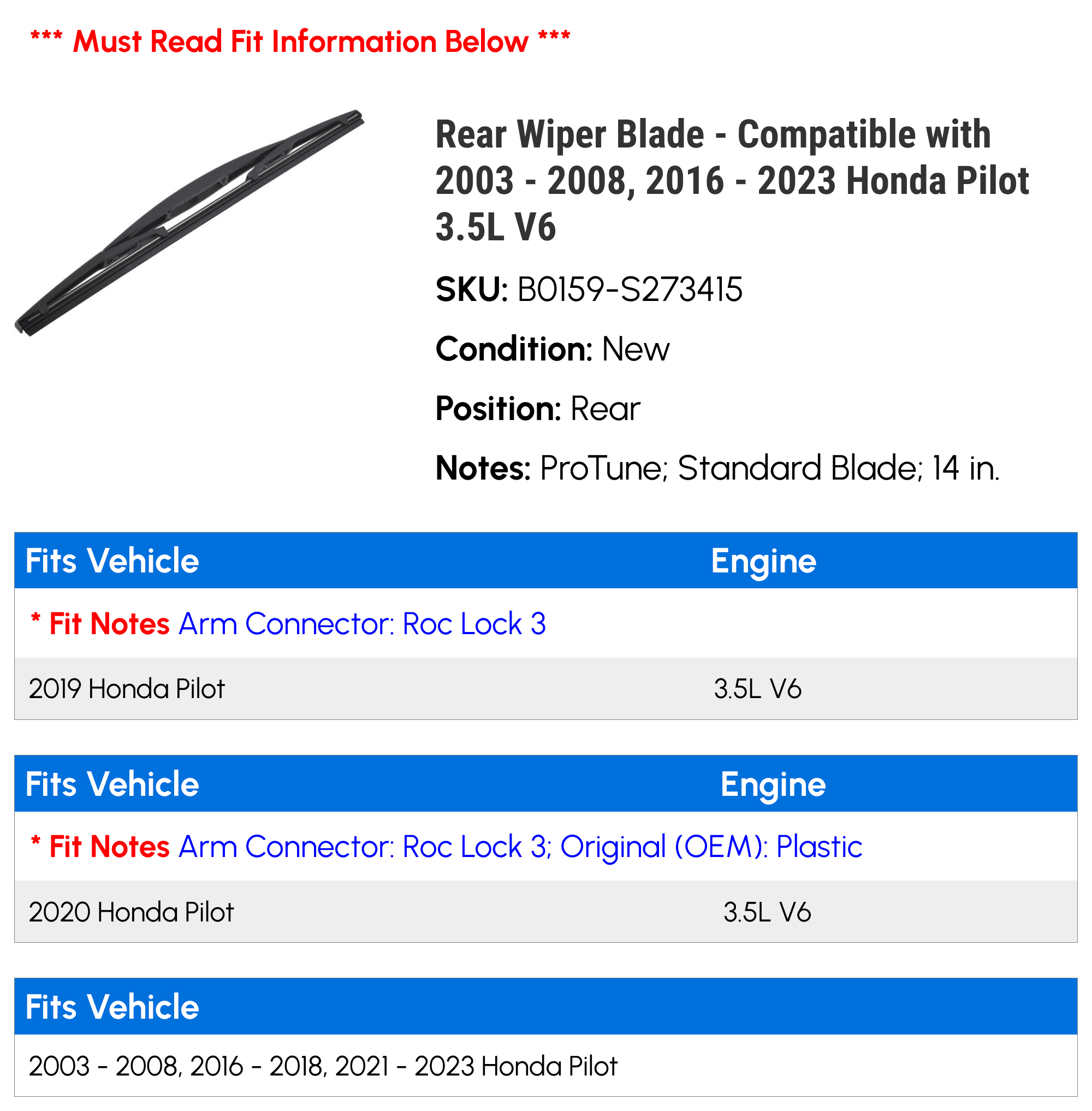 Rear Wiper Blade - Compatible with 2003 - 2008, 2016 - 2023 Honda Pilot 3.5L V6 2004 2005 2006 2007 2017 2018 2019 2020 2021 2022