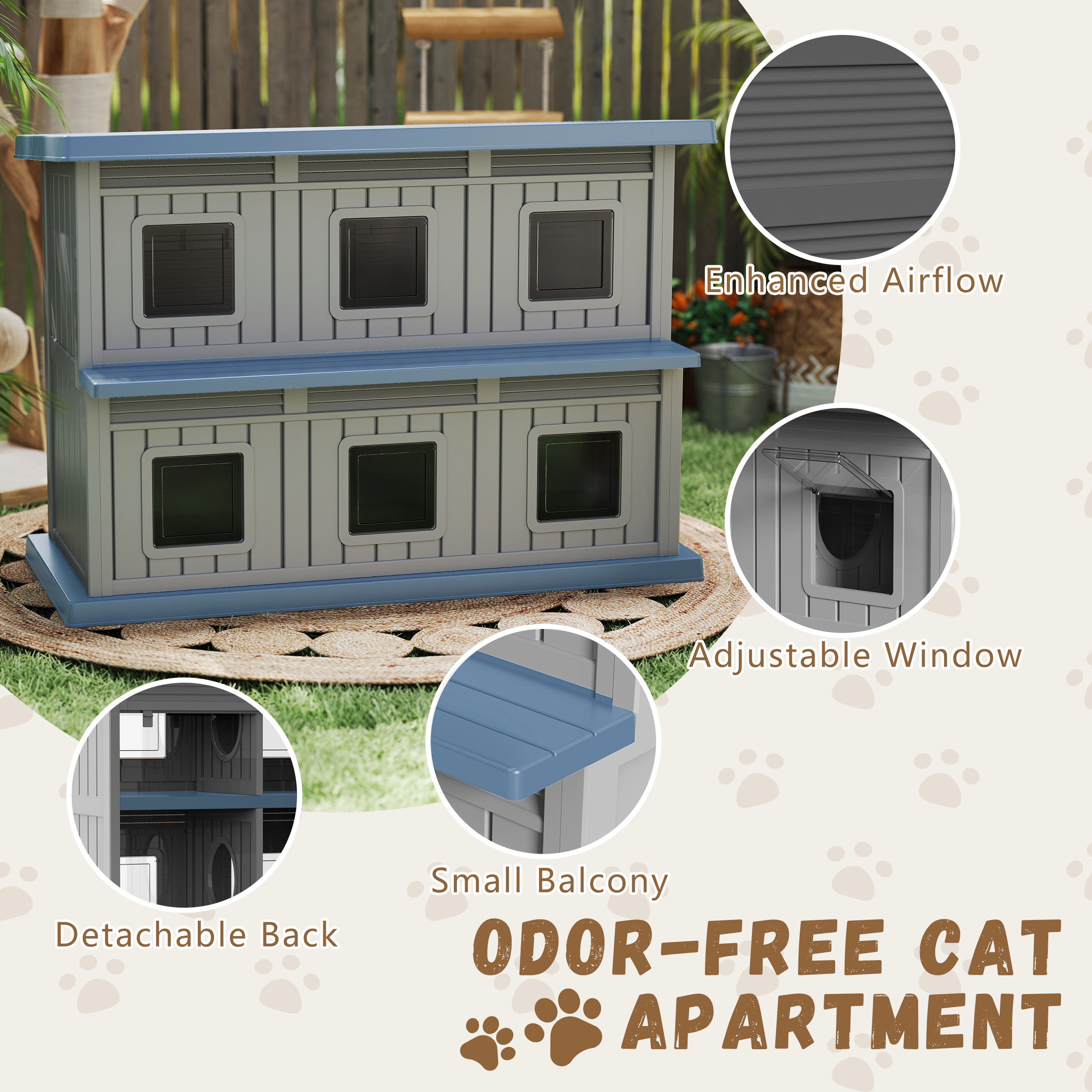 EasyUp Outdoor Cat House Large Double-Decker Cat Houses for Outdoor Cats with Adjustable Window Balcony Weatherproof UV Protection Cat Shelter for Several Feral Cats,Blue&Grey