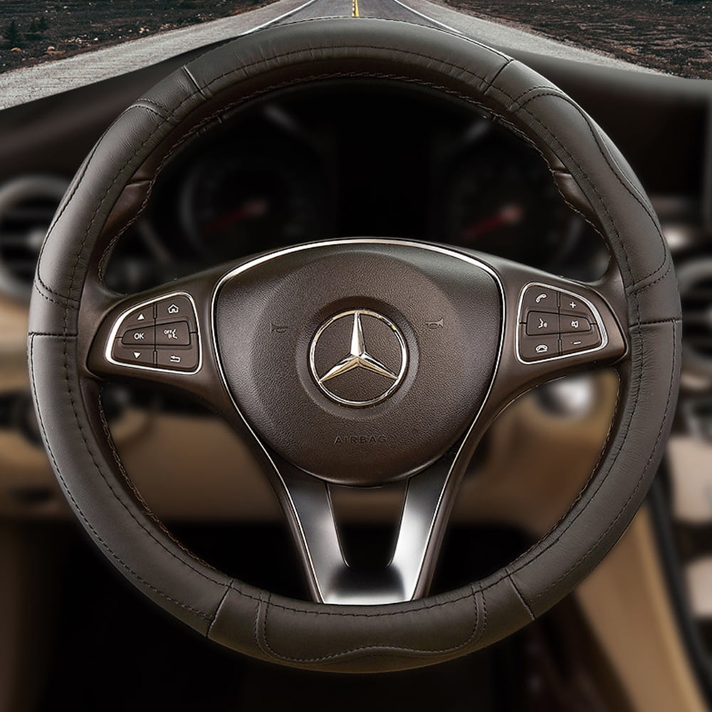 39cm Universal 37cm Black 100% Leather Steering Wheel Cover 