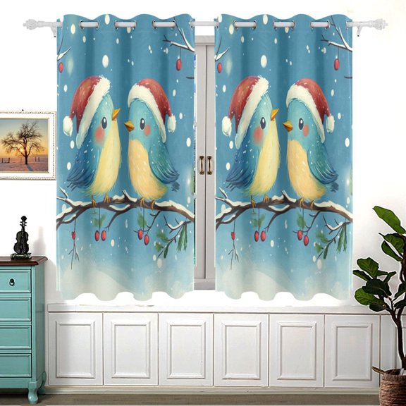 Cute Birds with Christmas Hats Window Curtains Drapes with Grommets Light Filtering 2 Panels 54" x 55"