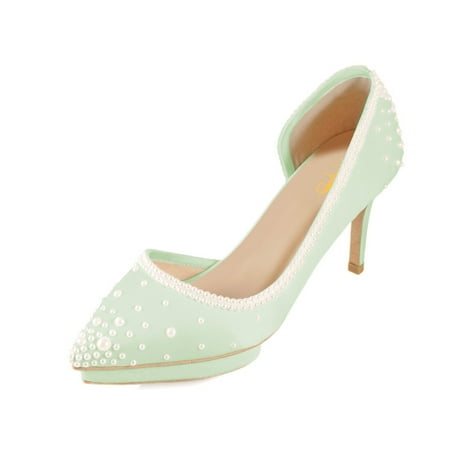 XYD Women Bridal D Orsay Pearl Pointed Closed Toe Pumps Low Platform Mid Heels Slip-on Elegant Prom Shoes Size 11.5 Green