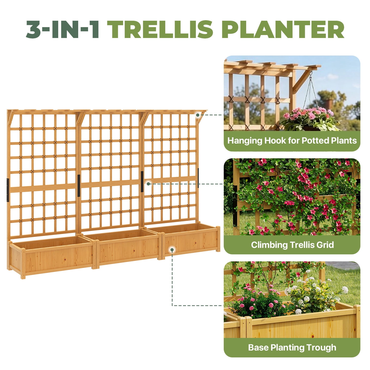 BaPiPro Yellow-Brown Tall Wood Planter Box with Trellis - 36" Raised Garden Bed with Hanging Roof, Outdoor Elevated Planter for Climbing Plants, Flowers - 3-Pack for Patio, Balcony