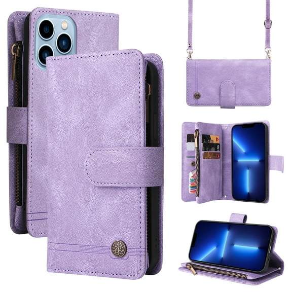 Mantto iPhone 13 Pro Max Cover, Wallet Card Slot Crossbody/Shoulder Strap Wristlet Strap Magnetic Flip Premium PU Leather Zipper Pocket With Kickstand For Apple iPhone 13 Pro Max,
Purple
