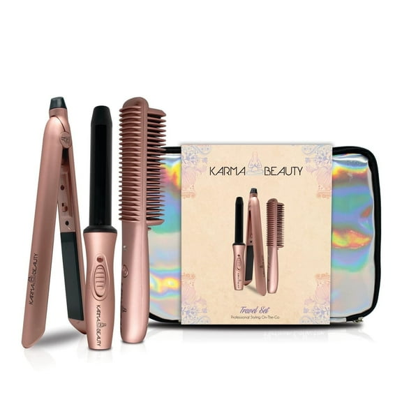 Karma Beauty Style n' Fly Travel Kit | Electric Hot Comb Set with Mini Hair Straightener, Mini Curling Iron & Hair Straightener Comb | Travel Hair Styling Set for Smooth, Shiny Hair Anywhere