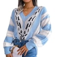 thumbnail image 1 of Suéter de mujer Mangas largas de linterna Cuello en V Bloque de color Estampado de leopardo Loose Fit Sweater, 1 of 6