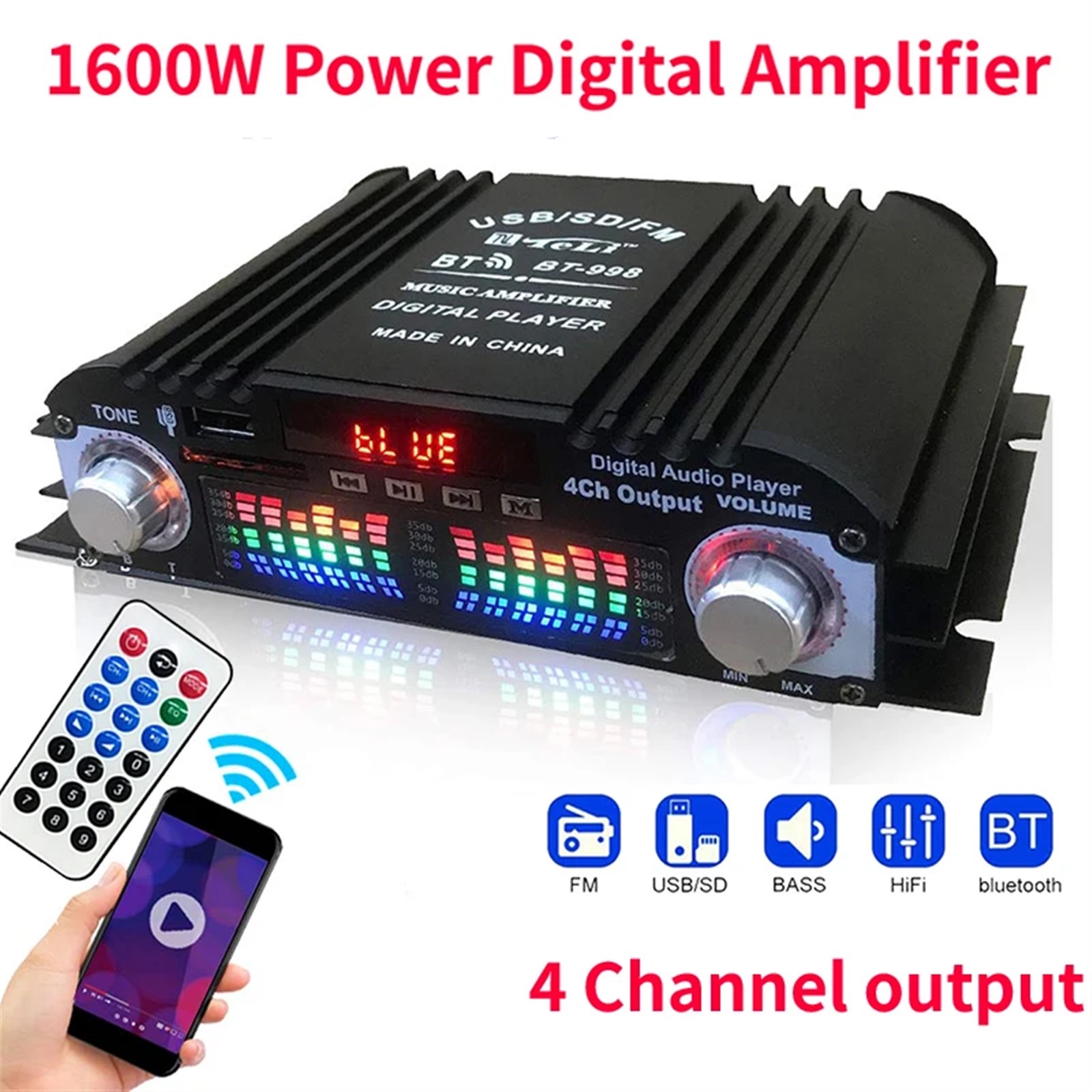 1600W Peak Power HiFi Sound Amplifier Digital 4 Channel Audio Amplifier Player FM Radio Support Remote Control ,Precision Control and Adjustment