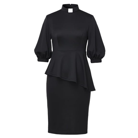 Afinprain Women's Clergy Dress with Tab Collar Peplum Waist and Puff Sleeve Church Minister Uniform