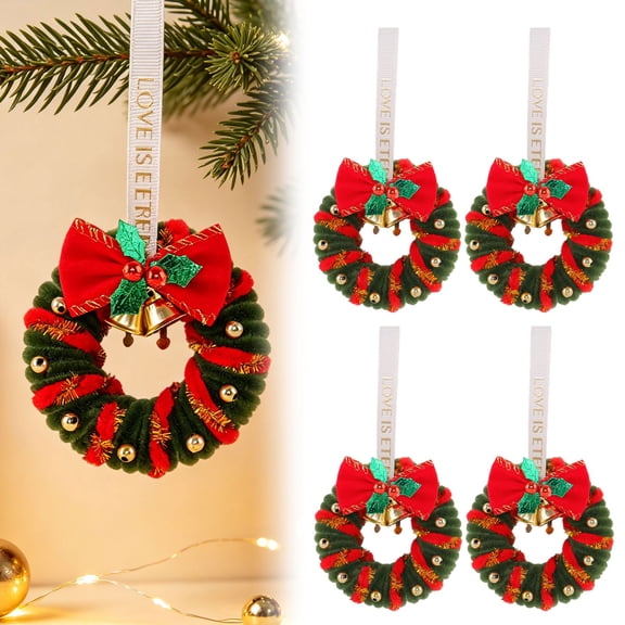 Gnoradne Fluffy Christmas Mini Wreath Hanging Ornaments,Small Hanging Miniature Wreaths with Bow & Bell,Mini Christmas Wreath Ornaments for Xmas Tree Door Cabinets Wall Holiday Party Decoration