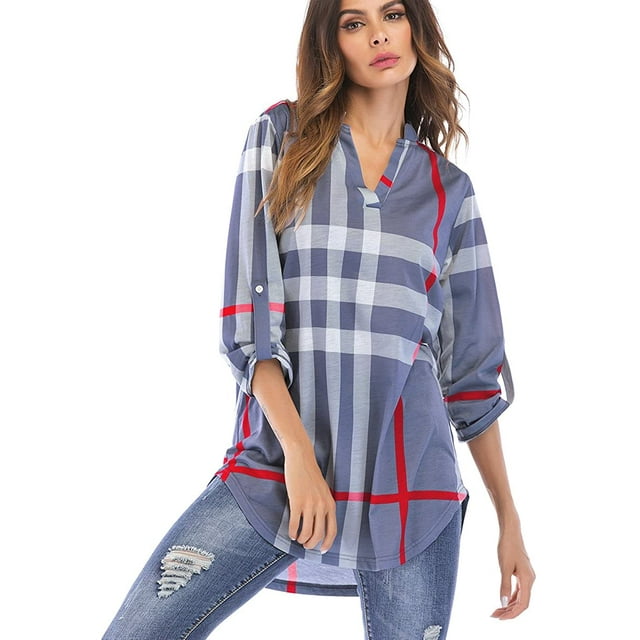 Chemise à Carreaux Manches 3/4 pour Femmes Tunique Col en V Pull Décontracté Blouses Tops