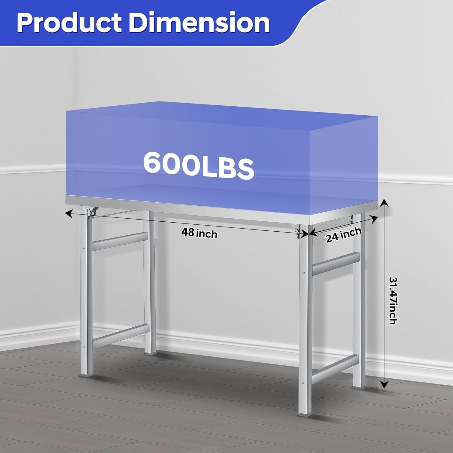 48" x 24" Stainless Steel Folding Table - 520 LBS Commercial Foldable Prep Table, Open Base Worktable with Adjustable Undershelf and Feet, for Home Kitchen Restaurant Garage Warehouse, Heavy Duty