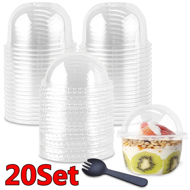 20 Set Disposable Clear Cups with Dome Lids and Fork, Plastic Crystal