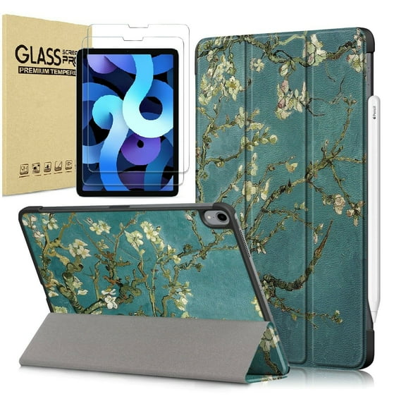 EpicGadget iPad Air 5 Case (5th Gen 2022)/ iPad Air 4 Case (4th Gen 2020) 10.9 with 2 PCS Tempered Glass Screen Protector for 10.9-inch iPad Air, Smart Cover Support Apple Pencil Charging (Blossom)