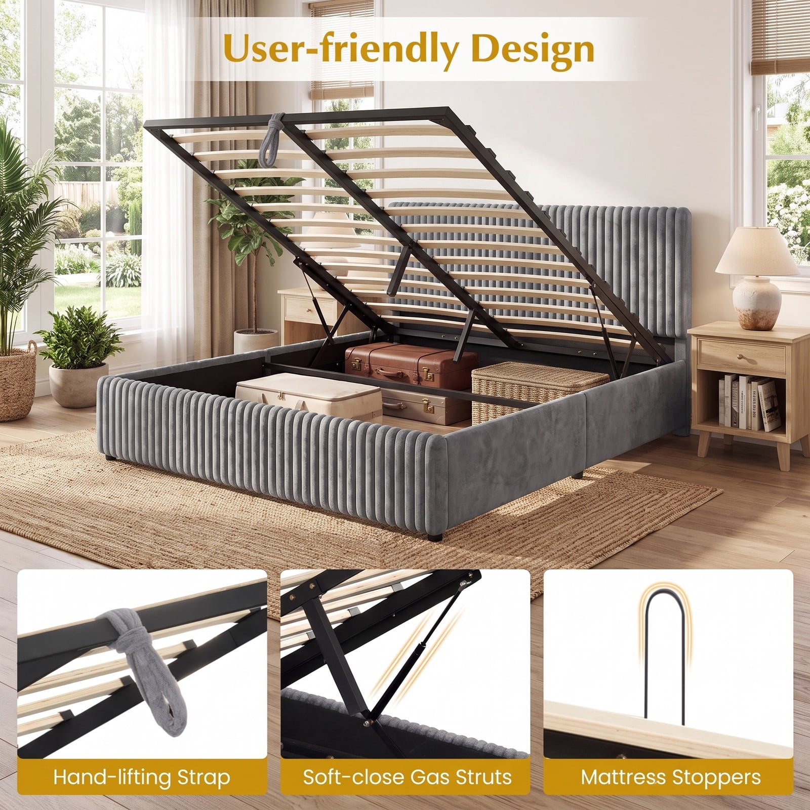 Furnibear Queen Size Bed Frame with Storage, Lift Up Upholstered Platform Bed Frame with Channel Tufted Headboard for Bedroom, Gray