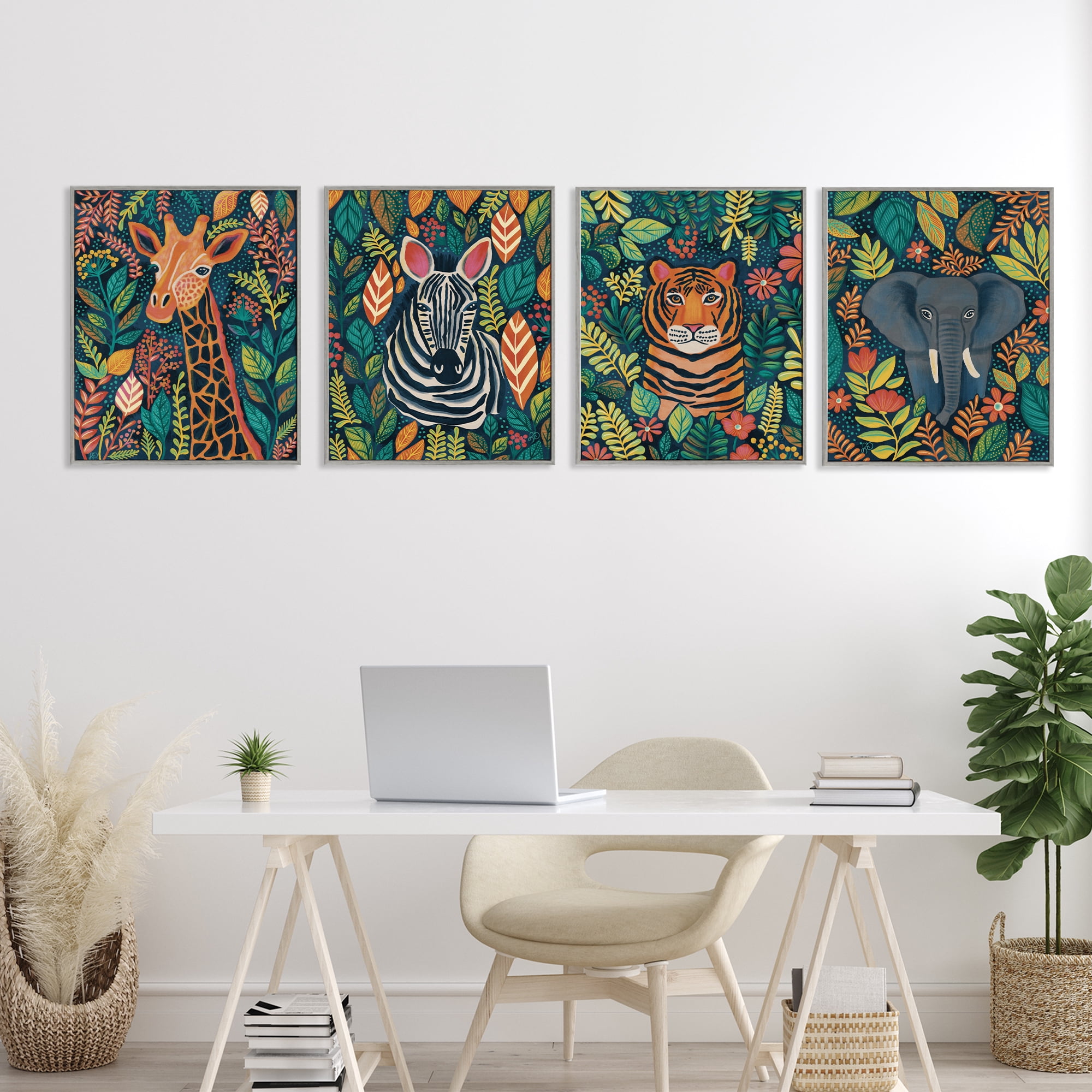 Stupell Industries Jungle Leaf Pattern Animals 4 Piece Gray Framed Giclee Art Set, design by Lisa R Dumm
