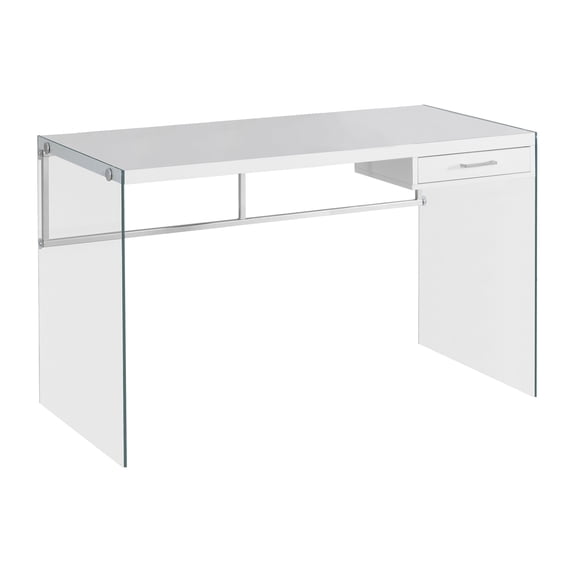 Office Desk Computer Desk, Home Office, Laptop, Storage Drawers, 48"l, Work, Glossy White Laminate, Clear Tempered Glass, Contemporary, Modern,Work Surface