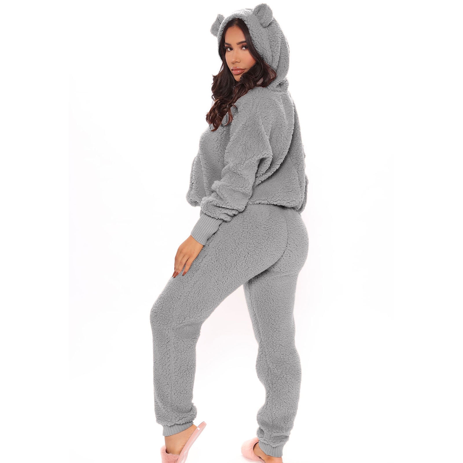 Blvb Women s Fuzzy Fleece Pajamas Sets Long Sleeve Casual Hoodies Top With Ear And Pants Set 2 Piece Fluffy Sleepwear Grey