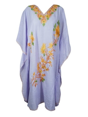 Mogul Women Lavender Kaftan Dress Floral Embroidered Short Caftan Tunic Dresses 3XL