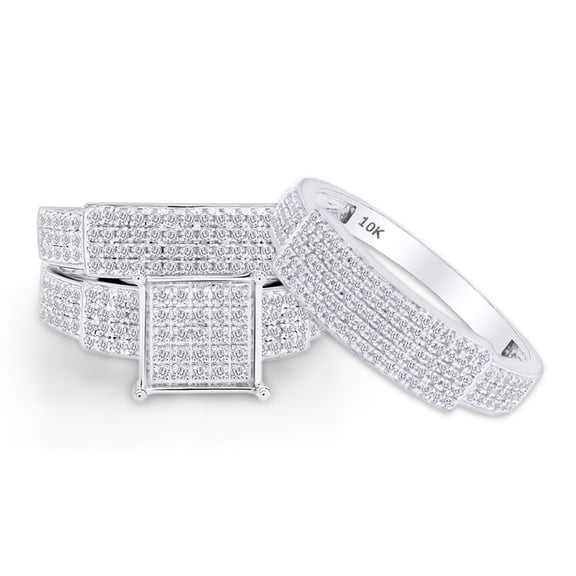 AFFY White Natural Diamond Engagement & Wedding Trio Band Ring Set In 10k White Gold (0.96 Cttw)