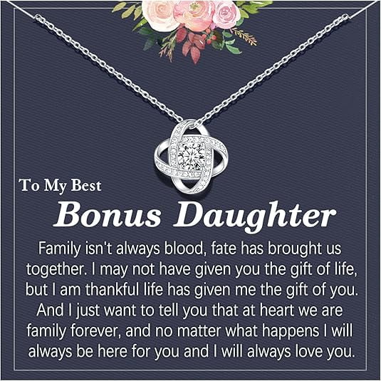 Love Knot Necklace To My Bonus Daughter, Wedding Gift for Step Daughter from Step Mother with Message Card and Gift Box, Christmas Gift for Her