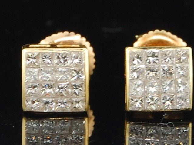New Mens Square Shape Yellow Finish Canary Diamond 12 Mm Studs Bezel Earrings