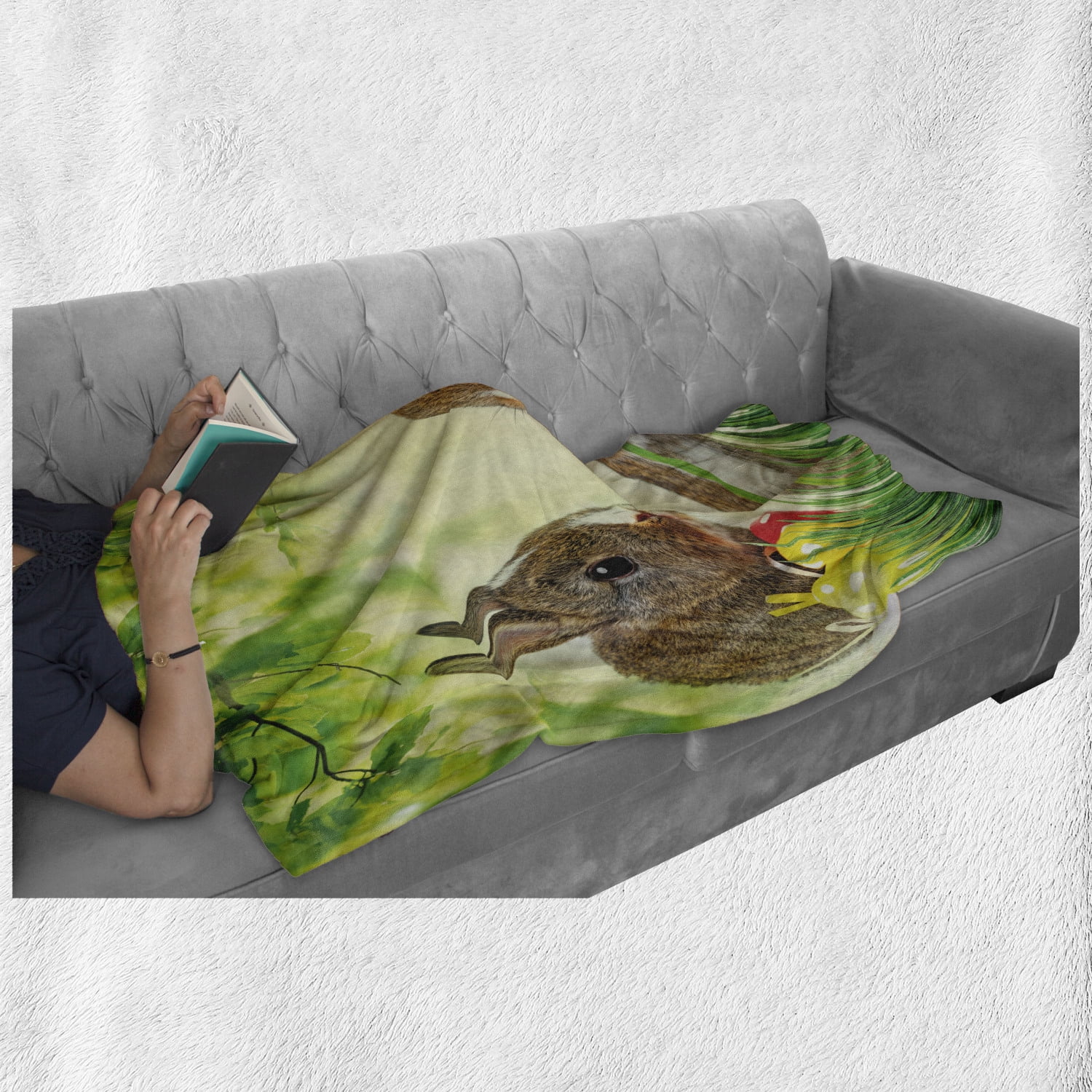 Brown Litte Rabbits Meadow Green Grass Spring Easter Photography Flannel Fleece Accent Piece Soft Couch Cover for Adults Multicolor Fern Green Ambesonne Easter Bunny Throw Blanket 60 x 80