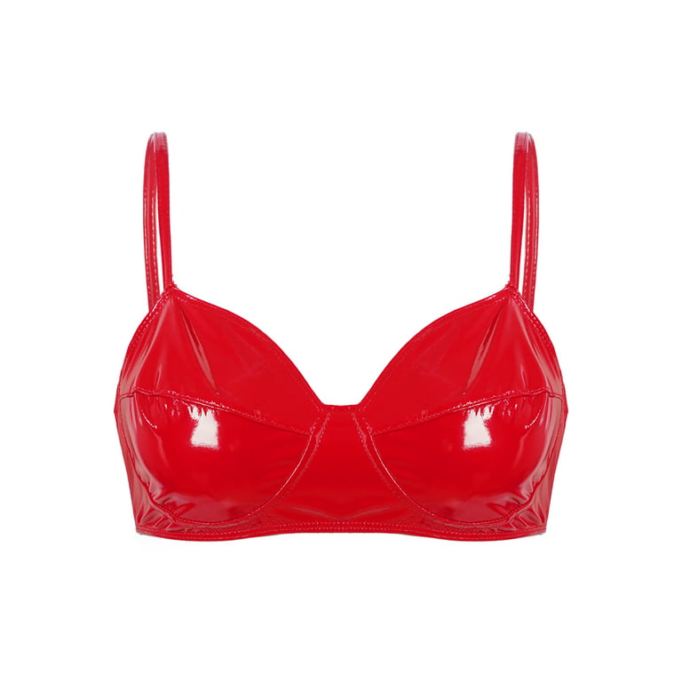DPOIS Womens Shiny Faux Leather Bra Wetlook No Padded Bralette Corset Red  5XL 