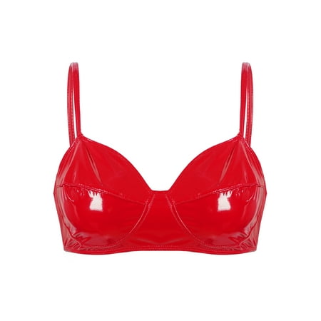 LiiYii Women s Wet Look Faux Leather Bra Tops Wire-free Unlined Triangle Bralette Corset Underwear Lingerie Red 5XL