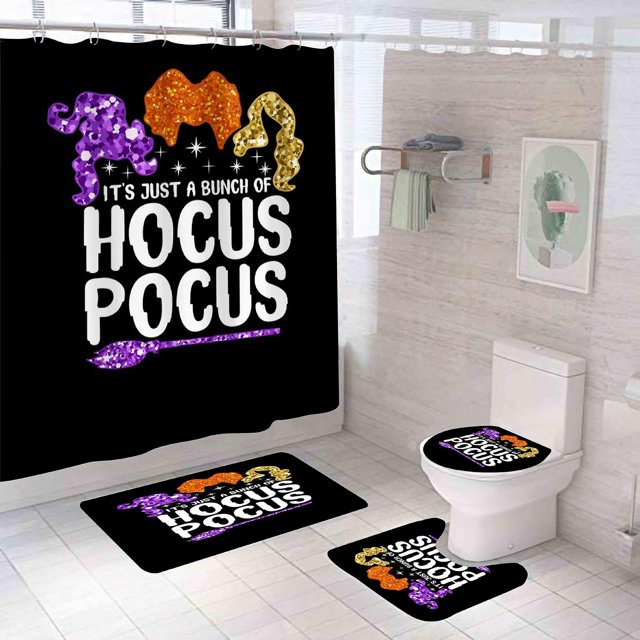 4 Pcs Halloween Shower Curtain Hocus Pocus And 30 X 18" Rugs Cartoon Star Bathroom Accessory Sets Decor With Bath Mat, U-shaped Contour, Toilet Lid Co