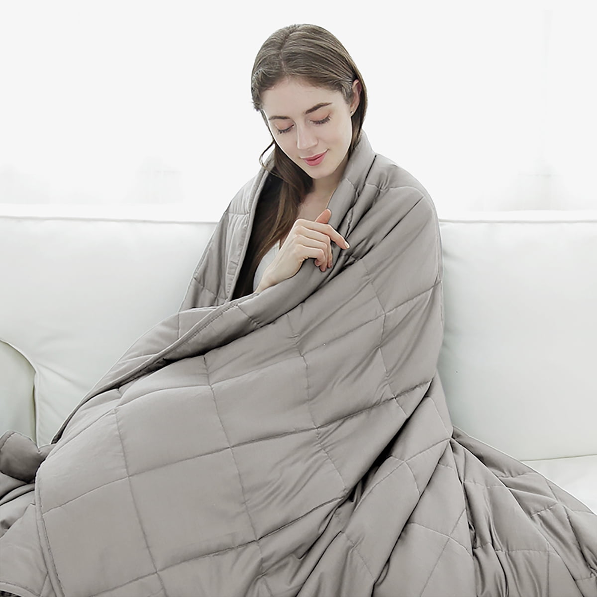 Topbuy 15 lbs Weighted Blankets 100 Cotton Glass Beads Filler Full/Queen Size Light Gray