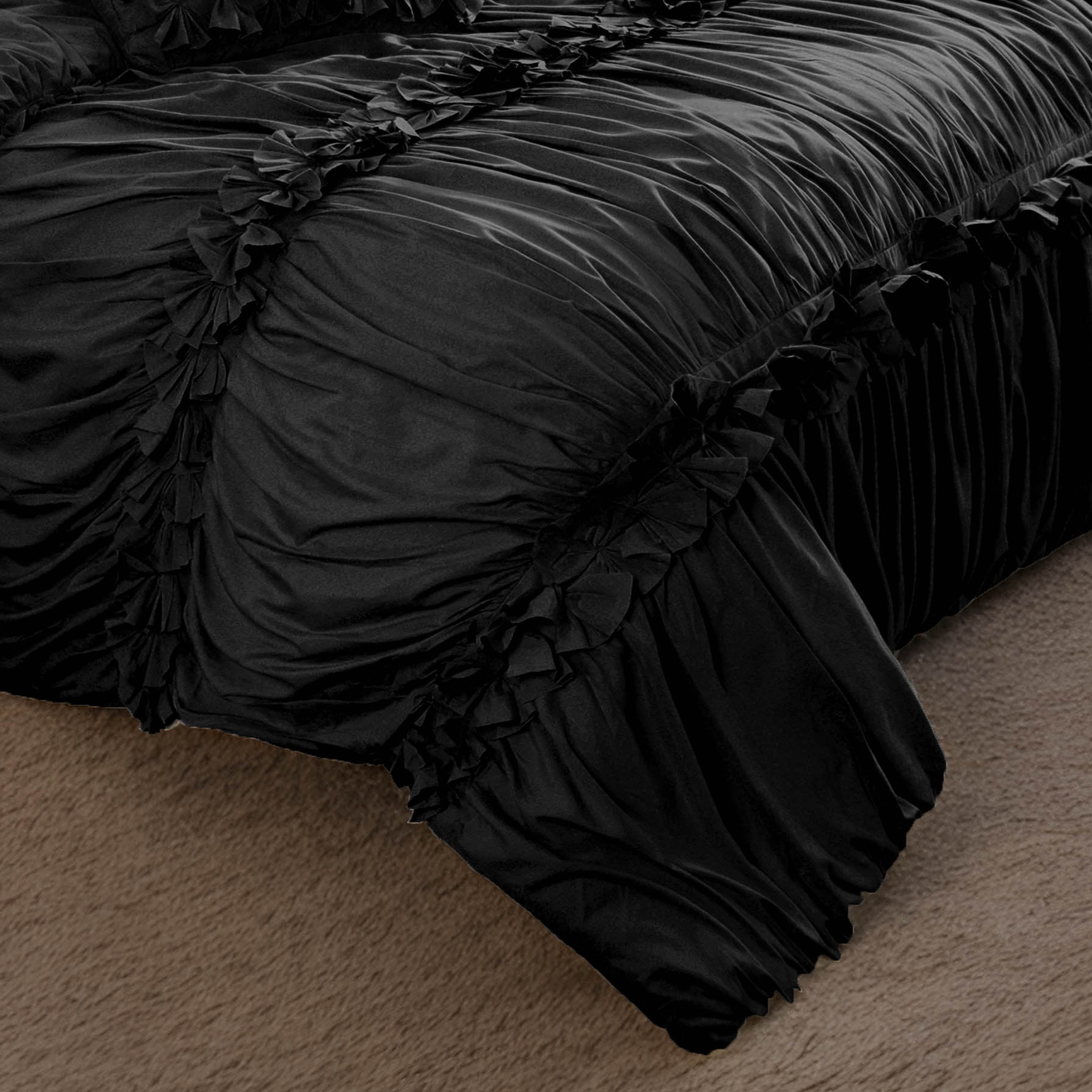 EvJk 7 Piece Ruched Pleat Comforter Set, Black Romantic Bed in a Bag, King
