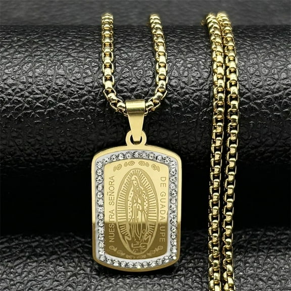 Catholic Our Lady of Guadalupe Pendant Necklace for Women Men 14K Yellow Gold Virgin Mary Medal Chain Jewelry